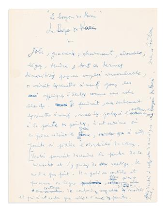 COCTEAU, JEAN. Group of 10 Autograph Manuscripts, including 5 Signed, brief or fragmentary working drafts of reviews for books or films